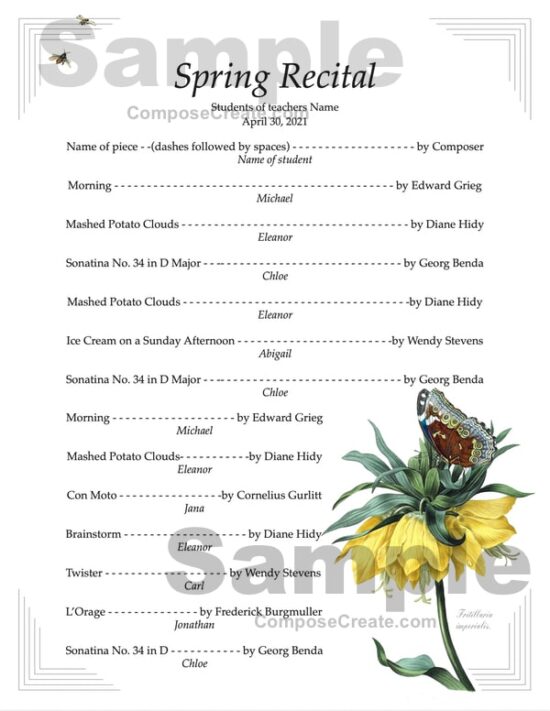 Flower Etching Recital Program Text Is Editable