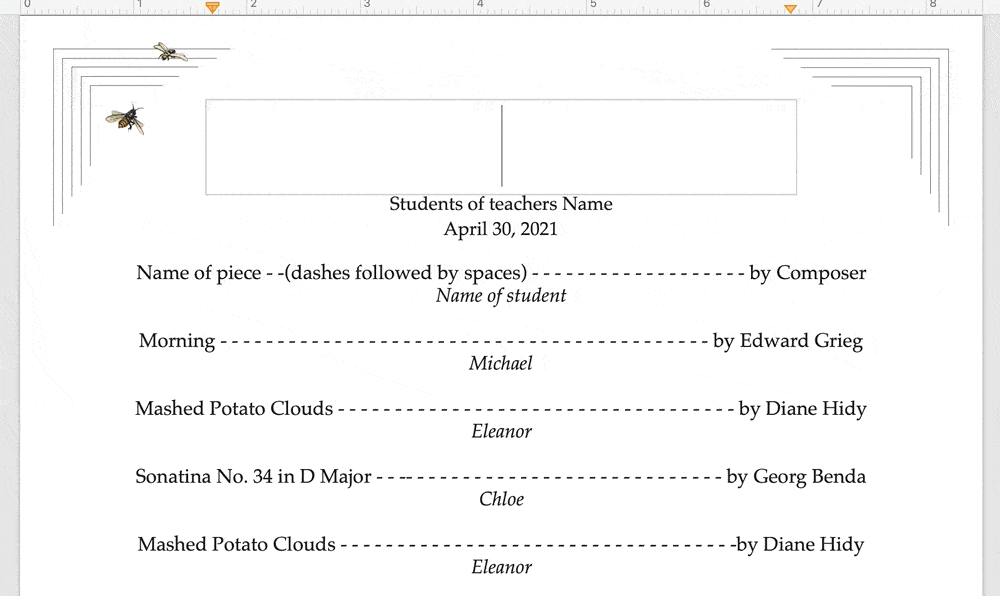 Flower Etching Recital Program Text Is Editable
